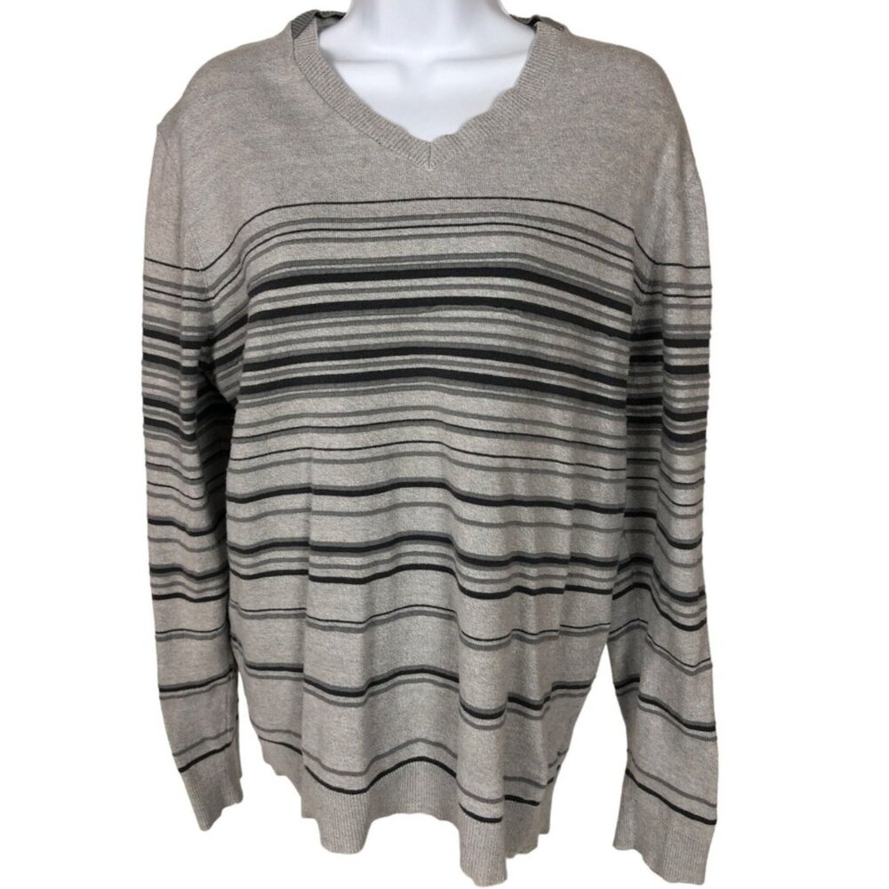 Alfani Sweater Women Size L Gray with Gray Black Stripes V neck Long Sleeve